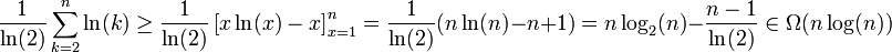 \frac{1}{\ln(2)}\sum_{k=2}^{n} \ln(k) \ge \frac{1}{\ln(2)}\left[x\ln(x)-x\right]_{x=1}^{n} = \frac{1}{\ln(2)}(n\ln(n)-n+1)=n\log_2(n) - \frac{n-1}{\ln(2)} \in \Omega(n \log(n))